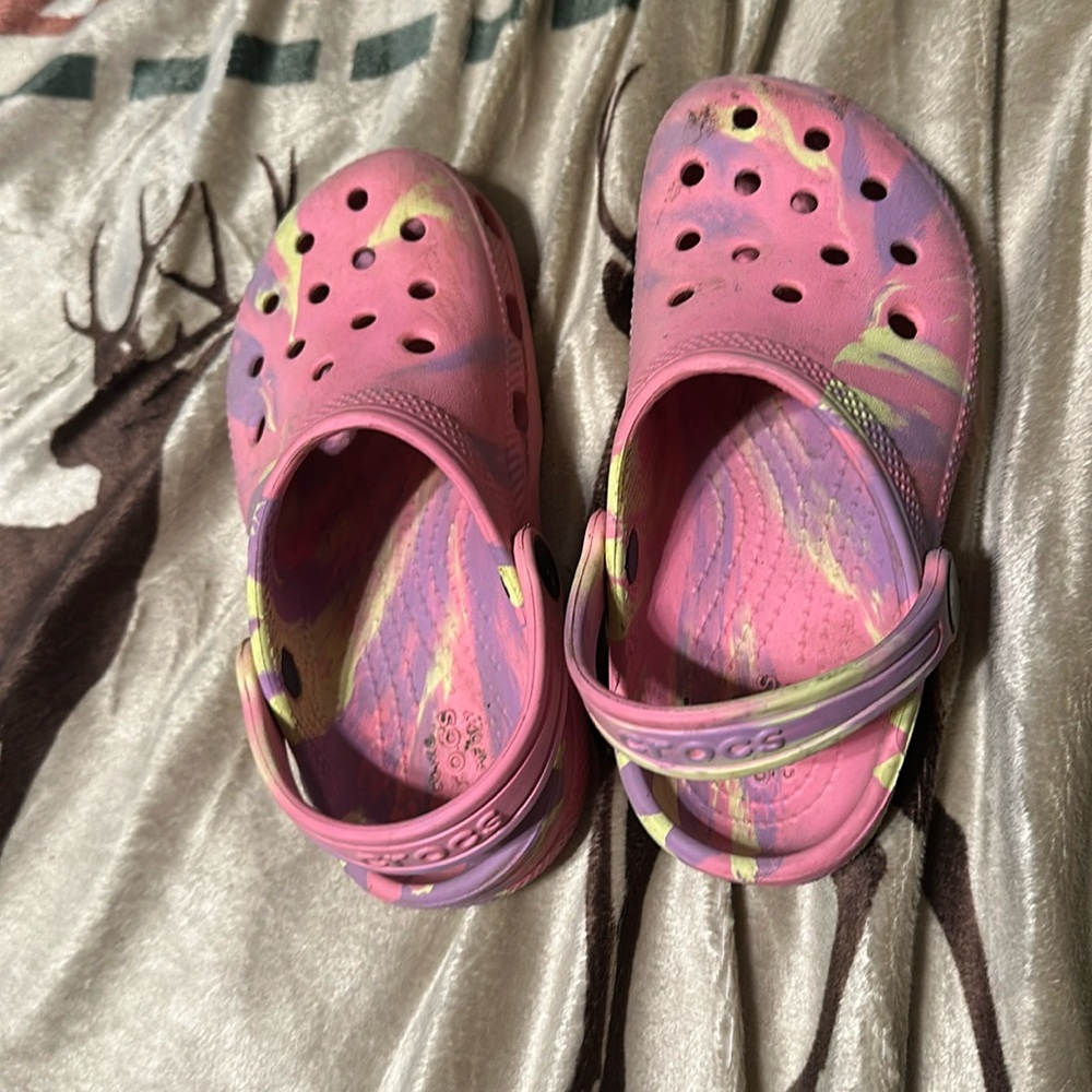 Pink/purple/yellow crocs